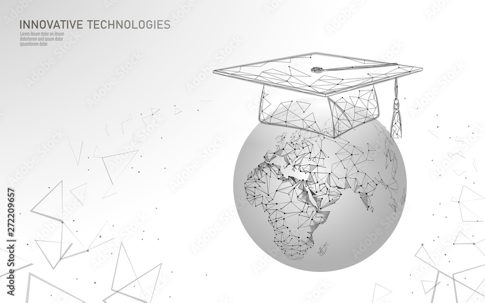Poster e-learning distance graduate certificate program concept. low poly 3d render graduation cap on plane