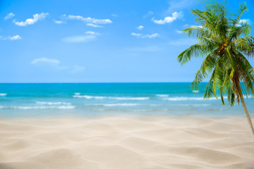 Plakat Beach with blurry blue ocean and sky,palm tree background ,Summer Concept .