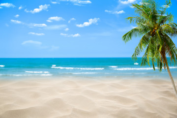 Plakat Beach with blurry blue ocean and sky,palm tree background ,Summer Concept .