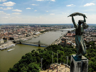 Fototapeta premium Aerial view of Liberty Statue in Budapest, Hungary
