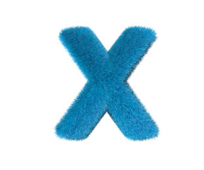 letter X of blue ludicrous shaggy font isolated on white background, kids concept 3D illustration of symbols