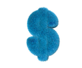 cute blue pilose alphabet isolated on white - dollar - peso sign, childhood concept 3D illustration of symbols