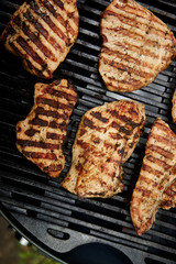 Grilled turkey meat. Steak turkey grill on on huge gas grill . Picnic. Summer. Top view. Flat lay. Copy space.