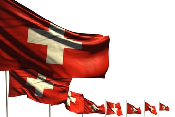beautiful many Switzerland flags placed diagonal isolated on white with place for your text - any holiday flag 3d illustration..