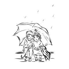 Little boy and girl under the umbrella. Hand drawn children's design for print clothing, wall art, products for kids, poster, wall art, room decor.