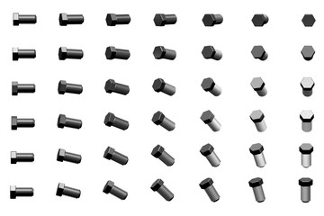 big amount of grey, metallic clinchers rotated by different angles isolated on white - creative industrial 3D illustration, image for designer using