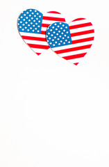 American Independence day background with blue, white and red mixed stars and hearts. Celebration of American independence day, the 4th of July (the Fourth of July). Holiday concept. With copy space. 