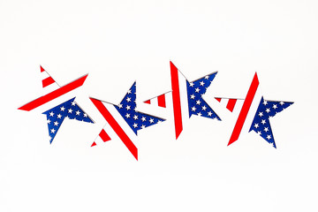 American Independence day background with blue, white and red mixed stars and hearts. Celebration of American independence day, the 4th of July (the Fourth of July). Holiday concept. With copy space. 