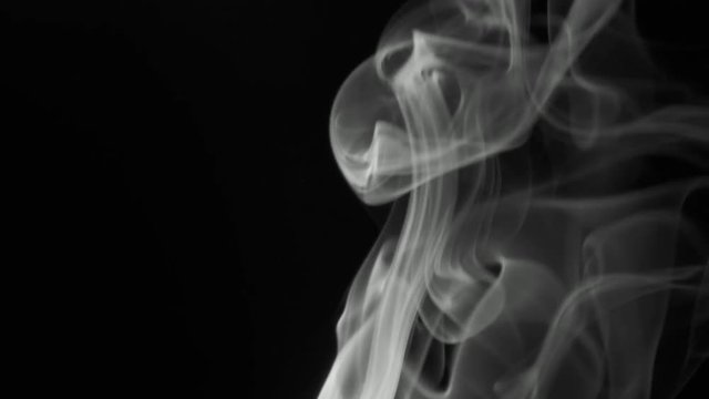 Gray smoke rising graceful twists upward. Black and white cigar smoke blowing from bottom to top. Close-up, isolated on black background