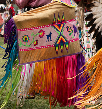 Native American Ribbon and Applique Shawl Worn by Woman at Pow Wow