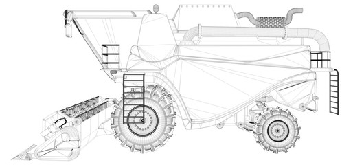 Industrial 3D illustration of thin contoured, detailed 3D model of wheat harvester isolated on white, farm vehicle research concept