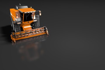 industrial 3D illustration of large cg orange wheat agricultural combine harvester front top view with reflection on dark grey, mockup with place for your content
