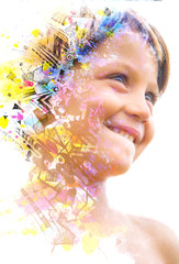 Paintography. Double Exposure portrait of a small child smiling blending with colorful handmade painting with geometric shapes