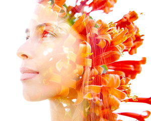 Double exposure profile of a natural beauty with lush orange flowers which seemingly grow from her...