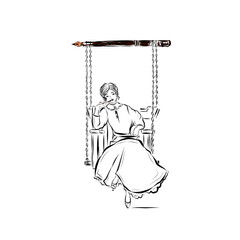 dreamy girl artist in a vintage dress sitting on a swing