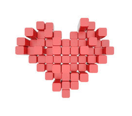 3D model of the red heart, consisting of blocks - cubes isolated on a white background. Pixel, or voxel art.