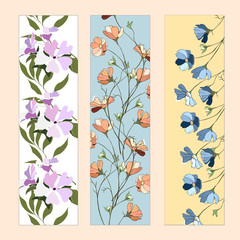 A set of floral bookmarks, flyers with pink and white flowers for layout, corporate identity and design. Flat style vector illustration.