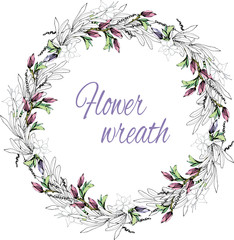 Flower wreath. Vintage style. Wedding wreath of delicate flowers and leaves. Spring set.