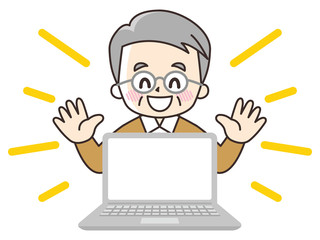 ノートパソコンとシニア男性