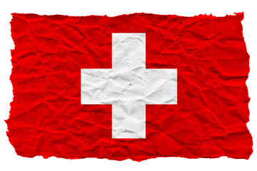 Flag of Switzerland made of crumpled corrugated paper. Crisis concept. Torn paper