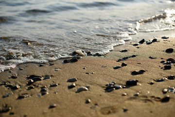 Wet pebbles on seashore in evening sun light. Sea wave on seacoast with round stones.