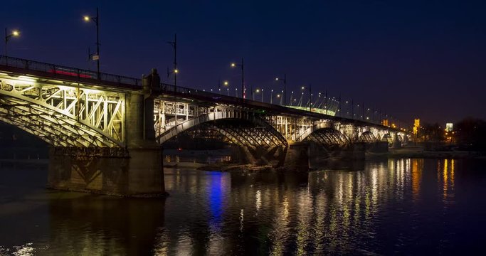 Panoramic evening view of the Poniatowski Bridge over Vistula River with in Warsaw, Poland, with Prague district in background.