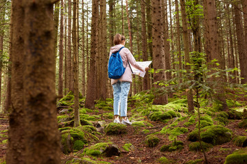 Back view of woman tourist walking in forest, holding map, trying to find right way in wood, having blue backpack, wearing pink jacket, casual pants and sneakers. Traveling and active vacation concept