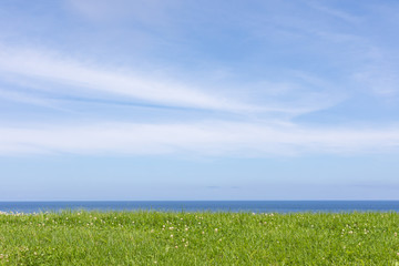 Fototapeta na wymiar 青空と草原と海 背景素材