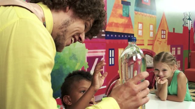 Kids Birthday party celebration. Science show for children. Concept of little explorers.