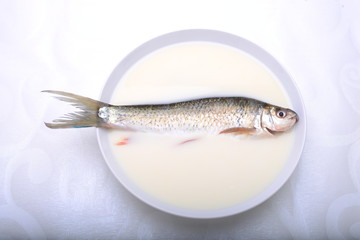 Close-up of fish soup servings in a restaurant