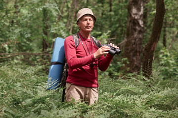 Excited male hitch hiker standing among trees with binoculars in forest, looks concentrated, eldery male wearing casual red sweater and hat, carries backpack and rug. Active recreation concept.