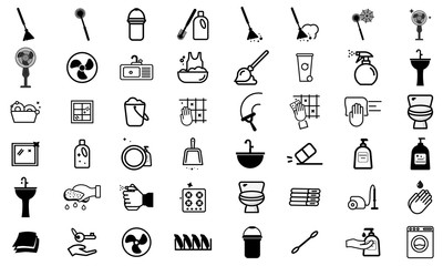 Cleaning service linear icons set. Cleaning products. Napkins, sponge, broom, mop. Window, tile, floor, bathroom, kitchen cleaner. Housekeeping. Isolated vector outline illustrations - vector - Vector