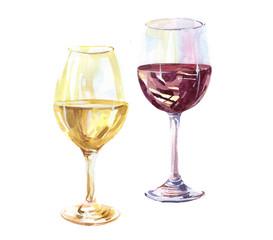 Watercolor wine glasses with white and red wine inside isolated on a white background illustration.