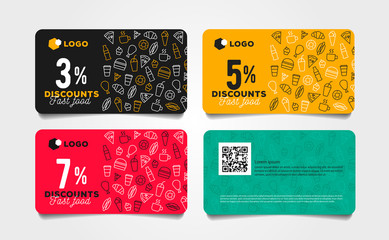 Discount card or voucher fast food template design with linear pattern of food and drinks