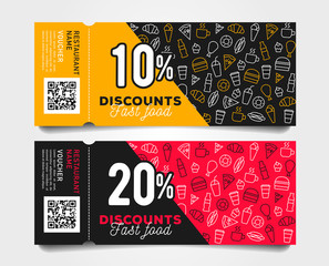 Discount tear-off coupons with barcode fast food template design with linear pattern of food and drinks