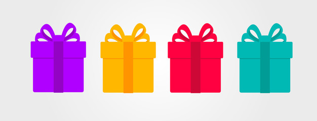 Set of coloured surprise gift boxes, flat modern graphic
