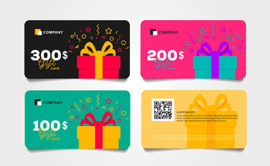 Shopping gift cards template set with gift box and dollar numbers vector illustration, Voucher layout front and back - obrazy, fototapety, plakaty