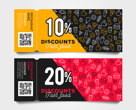 Discount tear-off coupons with barcode fast food template design with linear pattern of food and drinks - Powered by Adobe
