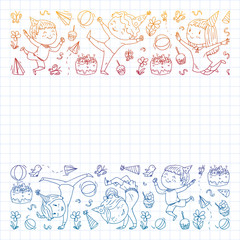 Fototapeta premium Vector illustration in cartoon style, active company of playful preschool kids jumping, at a party, birthday. Gradient draving squared notebook.