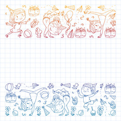 Vector illustration in cartoon style, active company of playful preschool kids jumping, at a party, birthday. Gradient draving squared notebook.