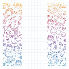 Vector illustration in cartoon style, active company of playful preschool kids jumping, at a party, birthday. Gradient draving squared notebook.