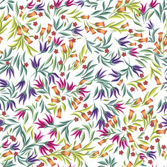 vector drawings of handdrawn seamless pattern with leaves and cute wild flowers on a white background