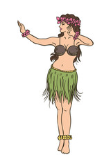 Illustration of a Hula girl dancing isolated on white background, Vector