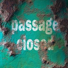 surface of rusty iron with peeling paint. inscription "passage closed" 3d render