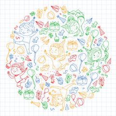 Vector illustration in cartoon style, active company of playful preschool kids jumping, at a party, birthday. colorful draving squared notebook.