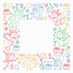 Fototapeta na wymiar Vector illustration in cartoon style, active company of playful preschool kids jumping, at a party, birthday. colorful draving squared notebook.