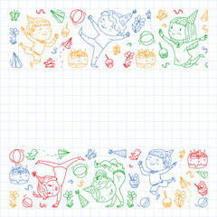 Vector illustration in cartoon style, active company of playful preschool kids jumping, at a party, birthday. colorful draving squared notebook.