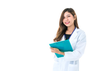 Professional young Asian doctor woman smiling with stethoscope and hold insurance folder for health care isolated on white background