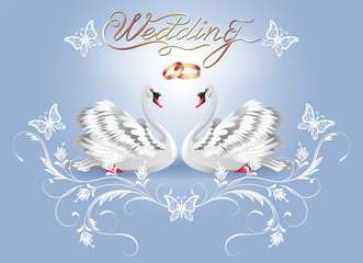 Decorative card with two swans and luxurious ornament and golden rings for invitations or congratulations with wedding or engagement with caligraphic inscription