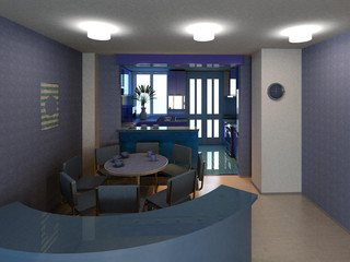 Kitchen and dining corner home interior sample 3D illustration 2. Blue surfaces furniture , flooring, ceiling and walls. Collection. 